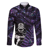 New Zealand Maori Rugby Personalised Family Matching Mermaid Dress and Hawaiian Shirt Ta Moko Silver Fern - Paua Purple LT7 Dad's Shirt - Long Sleeve Purple - Polynesian Pride