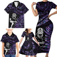 New Zealand Maori Rugby Personalised Family Matching Short Sleeve Bodycon Dress and Hawaiian Shirt Ta Moko Silver Fern - Paua Purple LT7 - Polynesian Pride