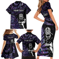 New Zealand Maori Rugby Personalised Family Matching Short Sleeve Bodycon Dress and Hawaiian Shirt Ta Moko Silver Fern - Paua Purple LT7 - Polynesian Pride