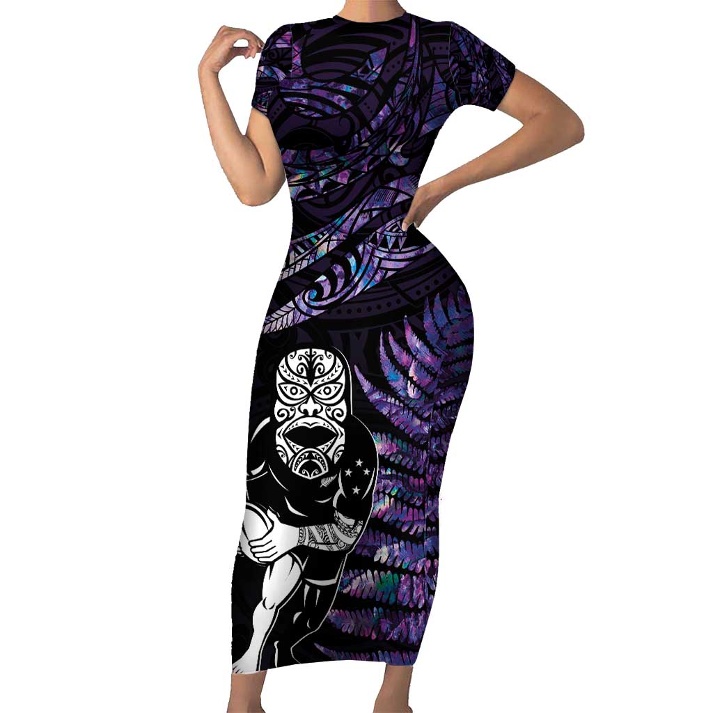 New Zealand Maori Rugby Personalised Family Matching Short Sleeve Bodycon Dress and Hawaiian Shirt Ta Moko Silver Fern - Paua Purple LT7 Mom's Dress Purple - Polynesian Pride