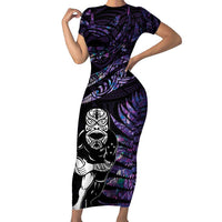 New Zealand Maori Rugby Personalised Family Matching Short Sleeve Bodycon Dress and Hawaiian Shirt Ta Moko Silver Fern - Paua Purple LT7 Mom's Dress Purple - Polynesian Pride