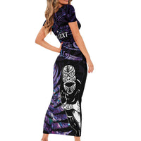 New Zealand Maori Rugby Personalised Family Matching Short Sleeve Bodycon Dress and Hawaiian Shirt Ta Moko Silver Fern - Paua Purple LT7 - Polynesian Pride