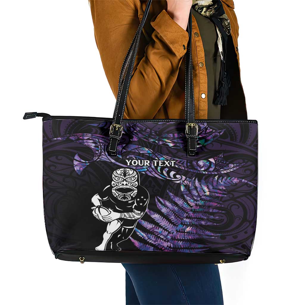 New Zealand Maori Rugby Personalised Leather Tote Bag Ta Moko Silver Fern - Paua Purple LT7 - Polynesian Pride