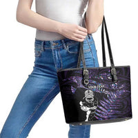 New Zealand Maori Rugby Personalised Leather Tote Bag Ta Moko Silver Fern - Paua Purple LT7 - Polynesian Pride