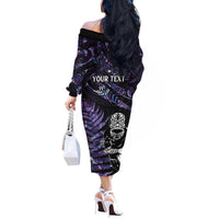 New Zealand Maori Rugby Personalised Off The Shoulder Long Sleeve Dress Ta Moko Silver Fern - Paua Purple