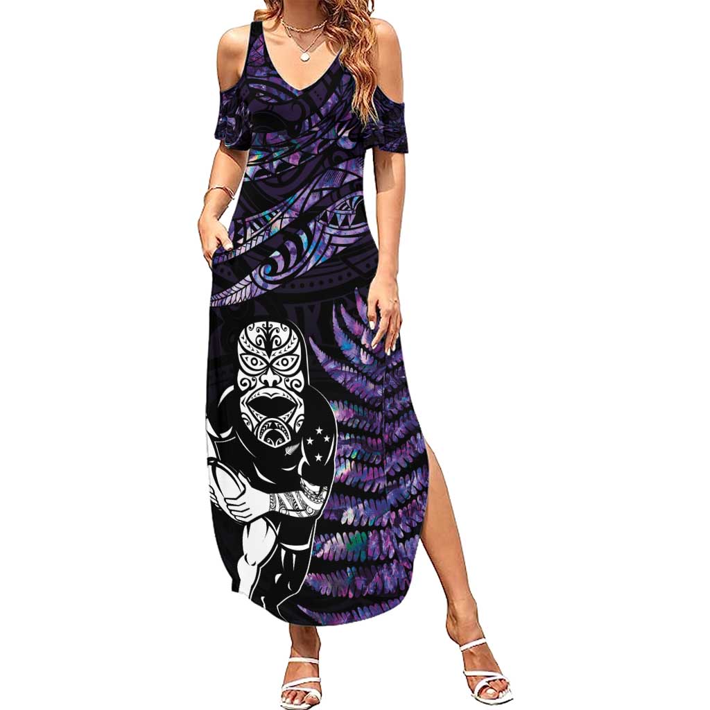 New Zealand Maori Rugby Personalised Summer Maxi Dress Ta Moko Silver Fern - Paua Purple