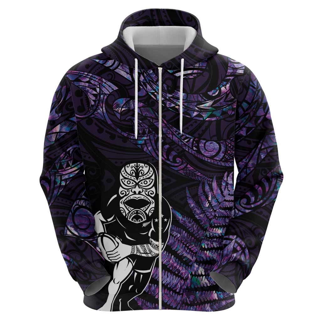 New Zealand Maori Rugby Personalised Zip Hoodie Ta Moko Silver Fern - Paua Purple LT7 - Polynesian Pride
