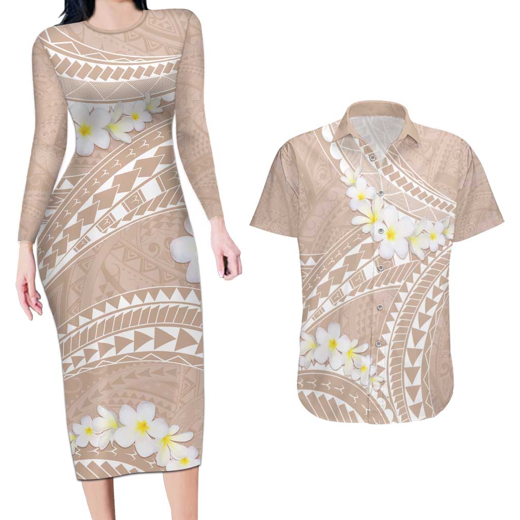 Polynesian Vintage Floral Couples Matching Long Sleeve Bodycon Dress and Hawaiian Shirt Beige Motifs LT7 Beige - Polynesian Pride