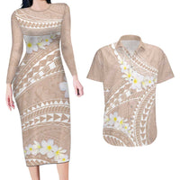Polynesian Vintage Floral Couples Matching Long Sleeve Bodycon Dress and Hawaiian Shirt Beige Motifs LT7 Beige - Polynesian Pride