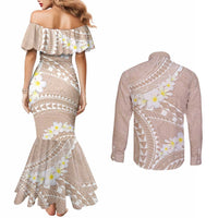 Polynesian Vintage Floral Couples Matching Mermaid Dress and Long Sleeve Button Shirt Beige Motifs - Polynesian Pride