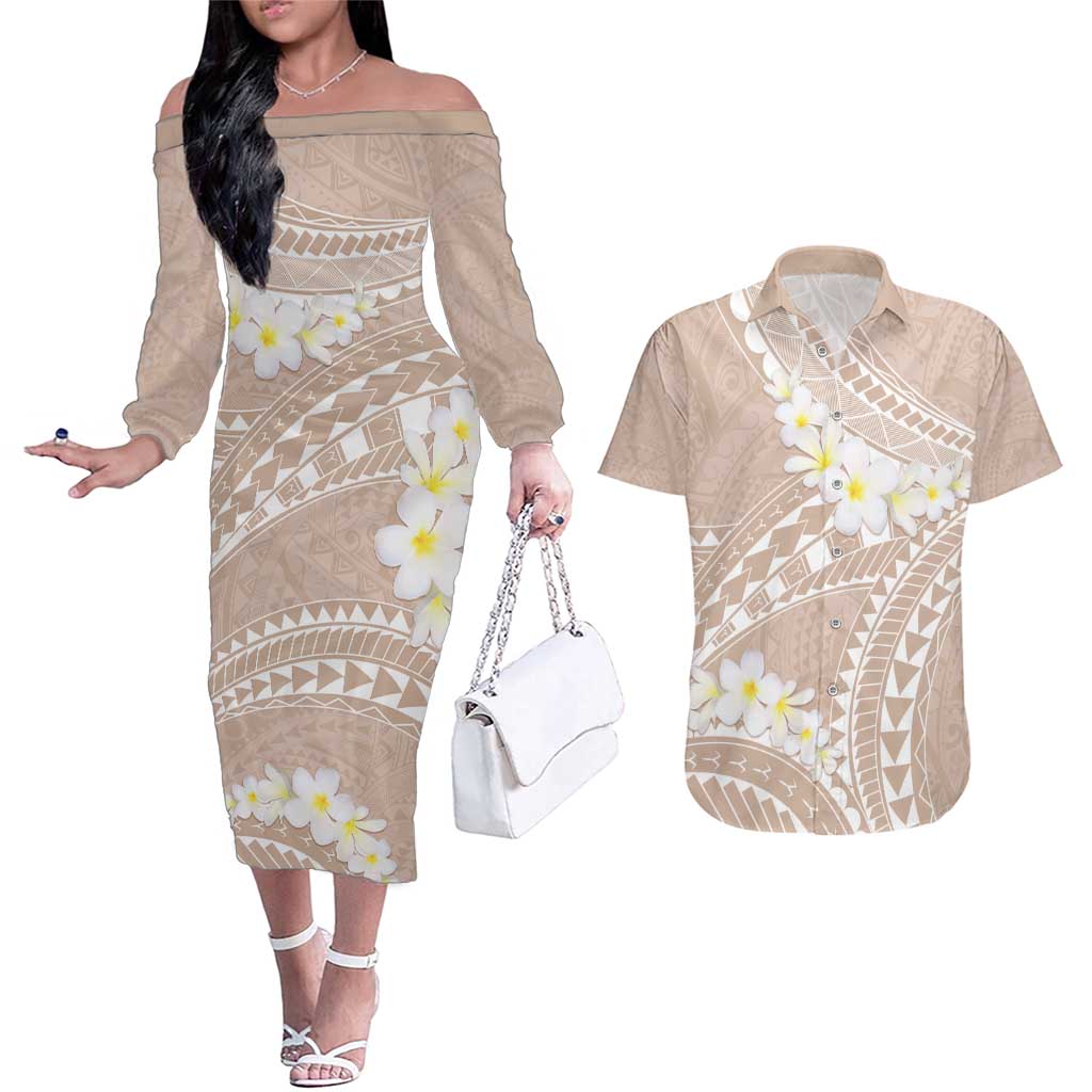 Polynesian Vintage Floral Couples Matching Off The Shoulder Long Sleeve Dress and Hawaiian Shirt Beige Motifs - Polynesian Pride