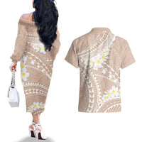 Polynesian Vintage Floral Couples Matching Off The Shoulder Long Sleeve Dress and Hawaiian Shirt Beige Motifs - Polynesian Pride