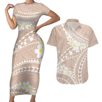 Polynesian Vintage Floral Couples Matching Short Sleeve Bodycon Dress and Hawaiian Shirt Beige Motifs LT7 Beige - Polynesian Pride