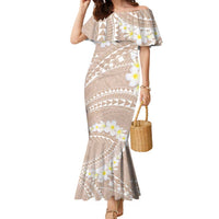 Polynesian Vintage Floral Family Matching Mermaid Dress and Hawaiian Shirt Beige Motifs LT7 Mom's Dress Beige - Polynesian Pride