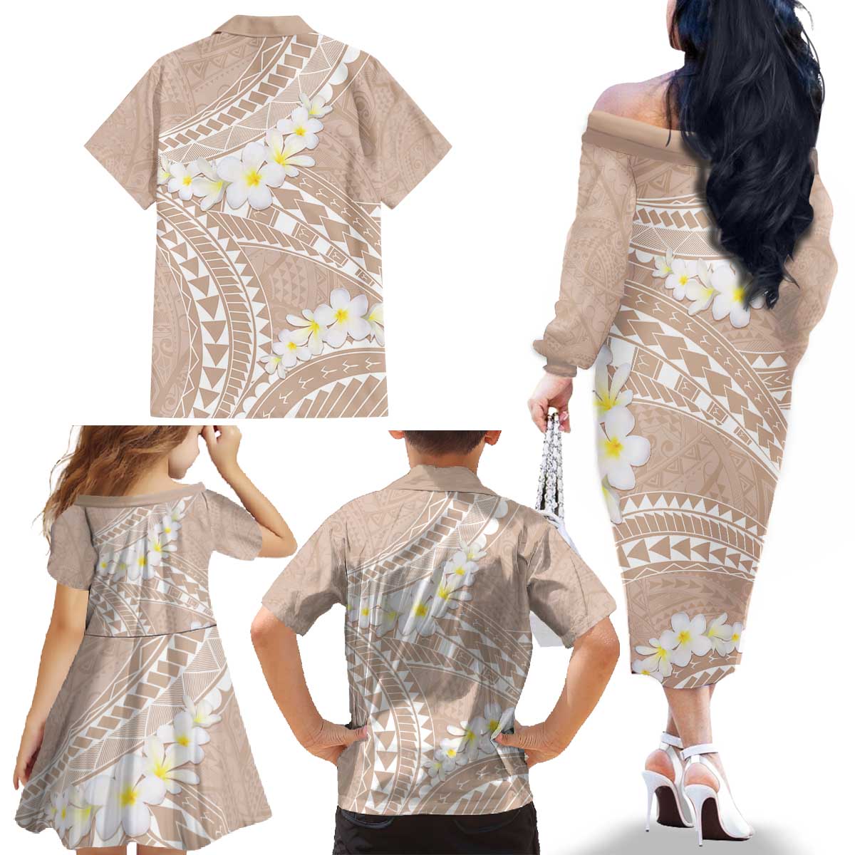 Polynesian Vintage Floral Family Matching Off The Shoulder Long Sleeve Dress and Hawaiian Shirt Beige Motifs - Polynesian Pride