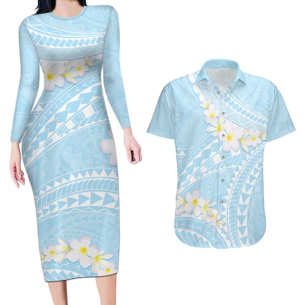 Polynesian Vintage Floral Couples Matching Long Sleeve Bodycon Dress and Hawaiian Shirt Azure Motifs LT7 Azure - Polynesian Pride