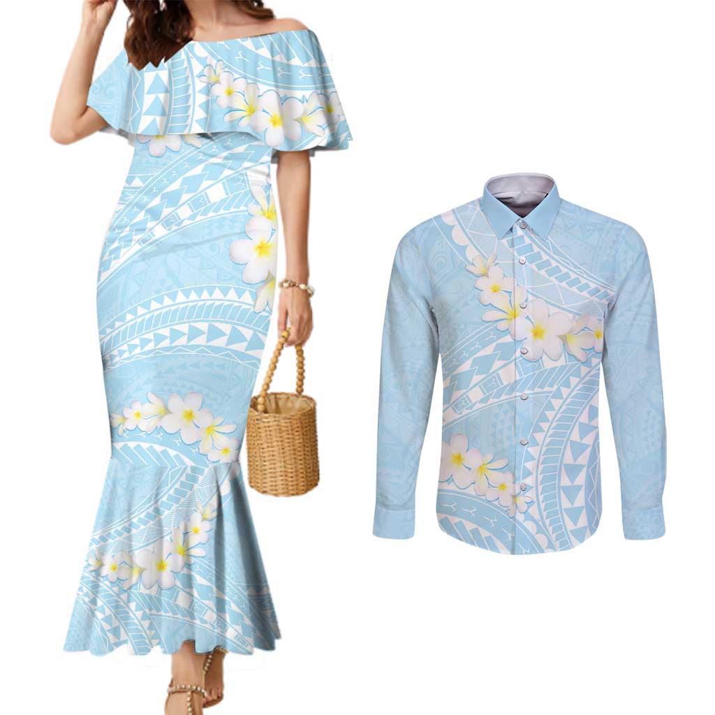 Polynesian Vintage Floral Couples Matching Mermaid Dress and Long Sleeve Button Shirt Azure Motifs LT7 Azure - Polynesian Pride
