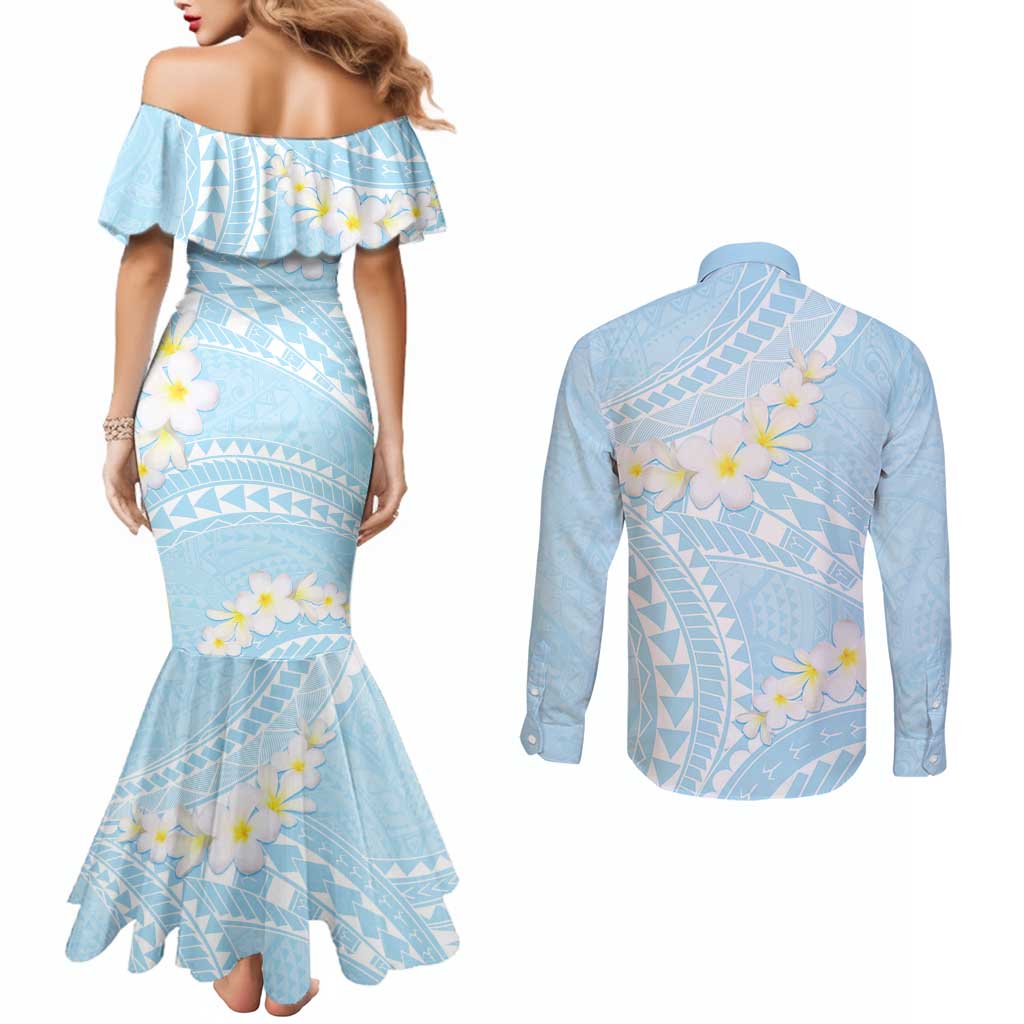 Polynesian Vintage Floral Couples Matching Mermaid Dress and Long Sleeve Button Shirt Azure Motifs LT7 - Polynesian Pride