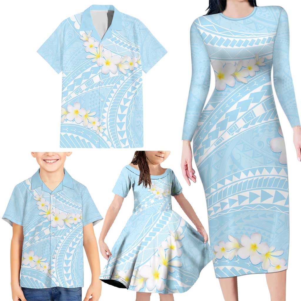 Polynesian Vintage Floral Family Matching Long Sleeve Bodycon Dress and Hawaiian Shirt Azure Motifs LT7 - Polynesian Pride
