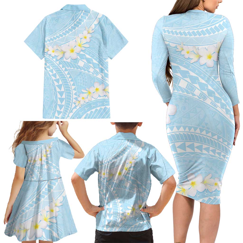 Polynesian Vintage Floral Family Matching Long Sleeve Bodycon Dress and Hawaiian Shirt Azure Motifs LT7 - Polynesian Pride