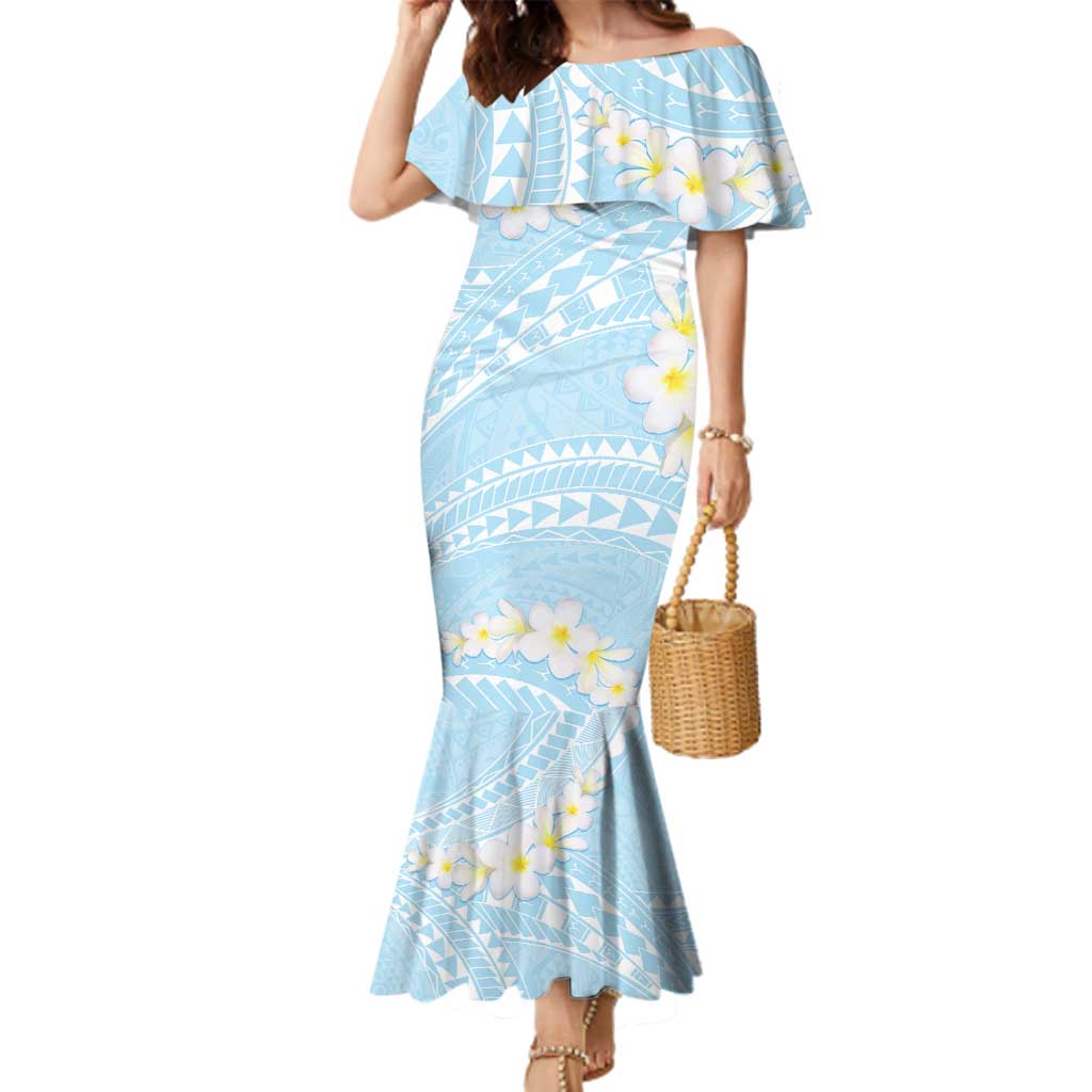 Polynesian Vintage Floral Family Matching Mermaid Dress and Hawaiian Shirt Azure Motifs LT7 Mom's Dress Azure - Polynesian Pride