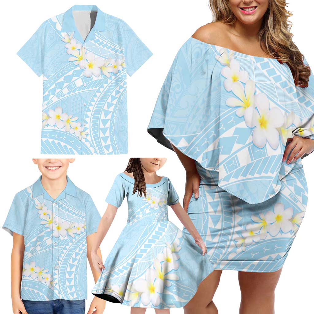 Polynesian Vintage Floral Family Matching Off Shoulder Short Dress and Hawaiian Shirt Azure Motifs - Polynesian Pride