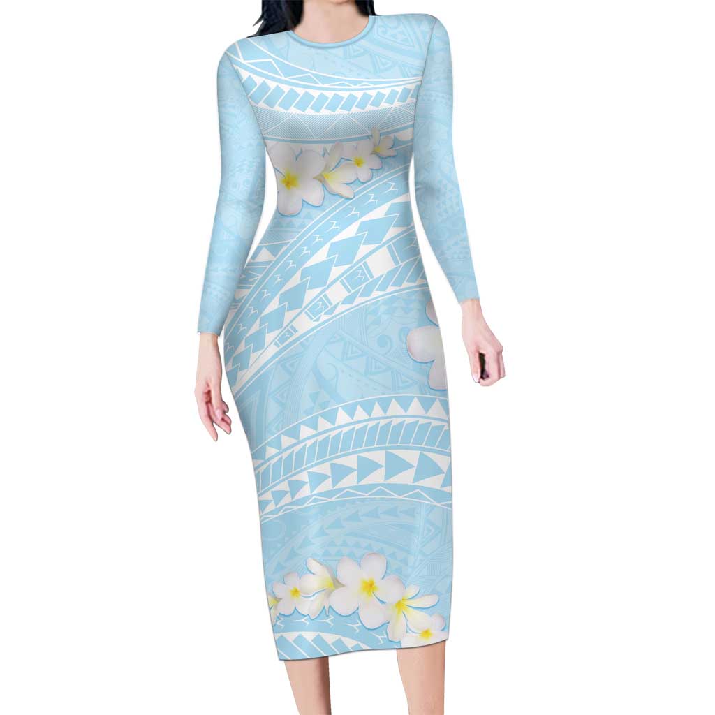 Polynesian Vintage Floral Long Sleeve Bodycon Dress Azure Motifs - Polynesian Pride