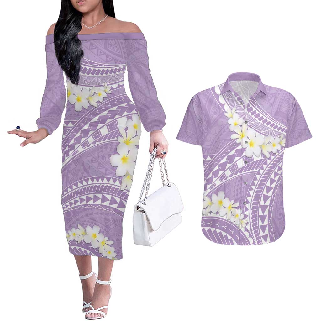 Polynesian Vintage Floral Couples Matching Off The Shoulder Long Sleeve Dress and Hawaiian Shirt Lavender Motifs - Polynesian Pride