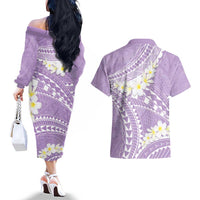 Polynesian Vintage Floral Couples Matching Off The Shoulder Long Sleeve Dress and Hawaiian Shirt Lavender Motifs - Polynesian Pride
