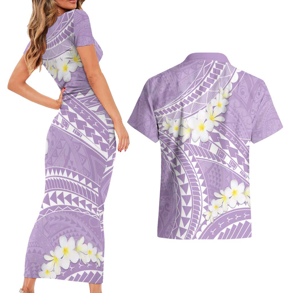 Polynesian Vintage Floral Couples Matching Short Sleeve Bodycon Dress and Hawaiian Shirt Lavender Motifs LT7 - Polynesian Pride