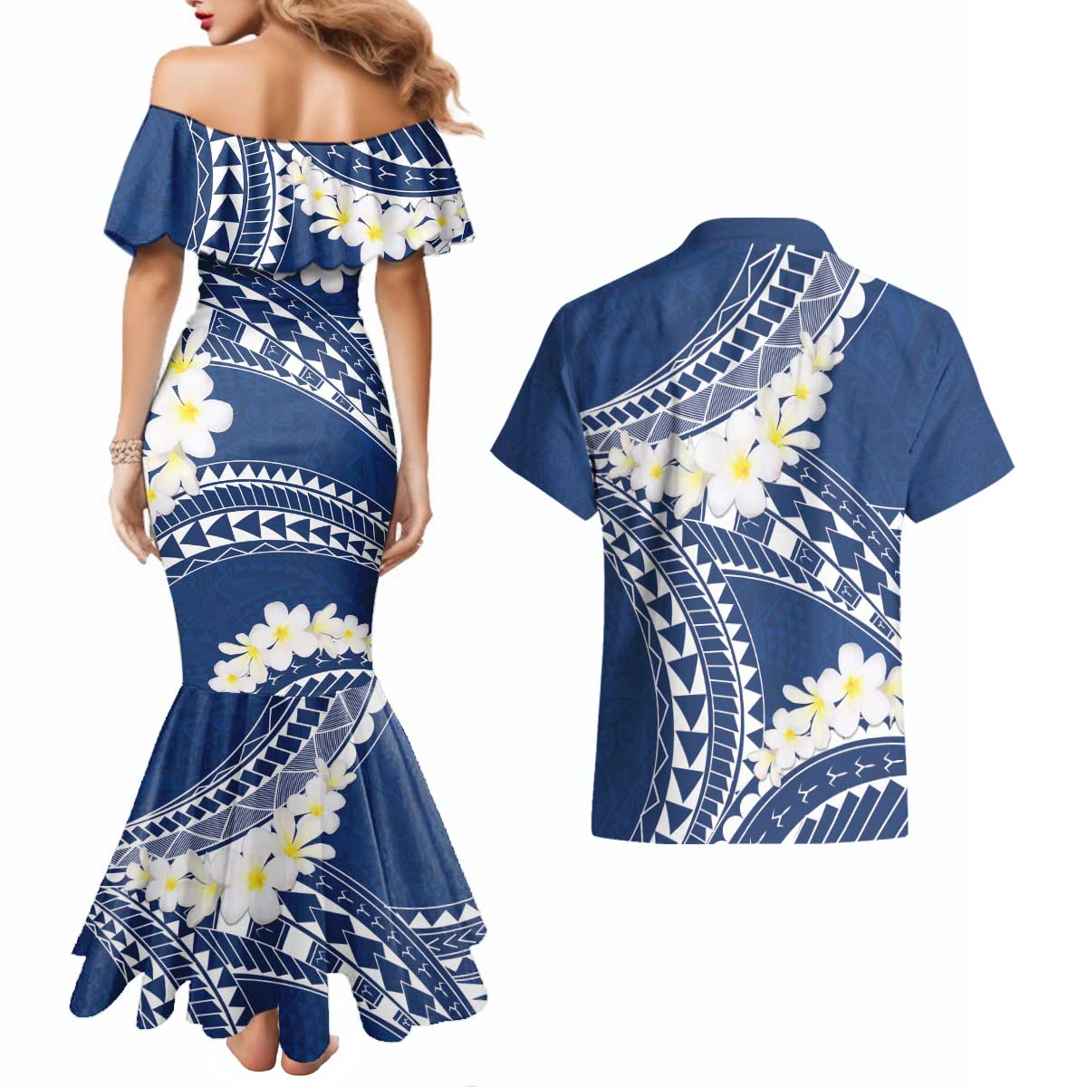 Polynesian Vintage Floral Couples Matching Mermaid Dress and Hawaiian Shirt Navy Blue Motifs - Polynesian Pride
