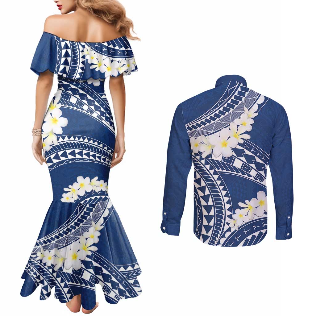 Polynesian Vintage Floral Couples Matching Mermaid Dress and Long Sleeve Button Shirt Navy Blue Motifs - Polynesian Pride