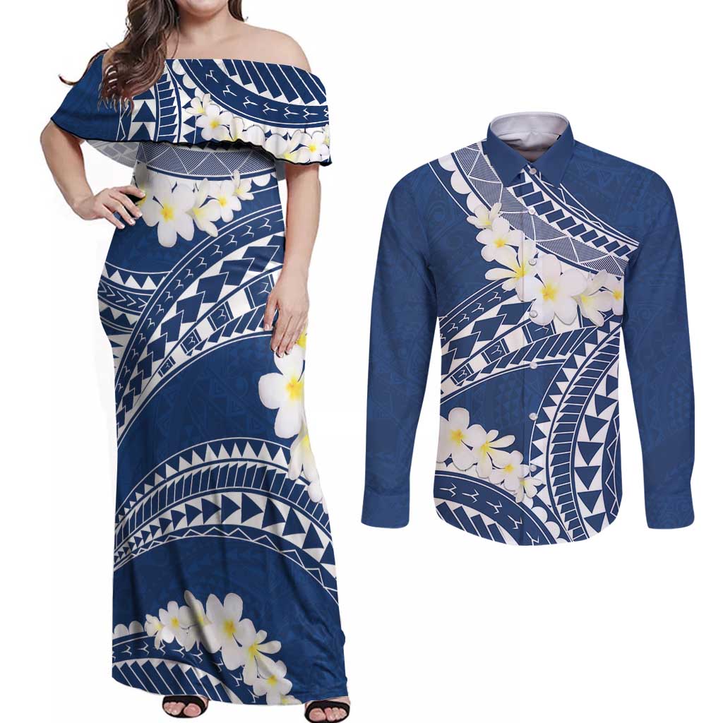 Polynesian Vintage Floral Couples Matching Off Shoulder Maxi Dress and Long Sleeve Button Shirt Navy Blue Motifs - Polynesian Pride