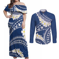 Polynesian Vintage Floral Couples Matching Off Shoulder Maxi Dress and Long Sleeve Button Shirt Navy Blue Motifs - Polynesian Pride