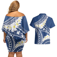 Polynesian Vintage Floral Couples Matching Off Shoulder Short Dress and Hawaiian Shirt Navy Blue Motifs - Polynesian Pride