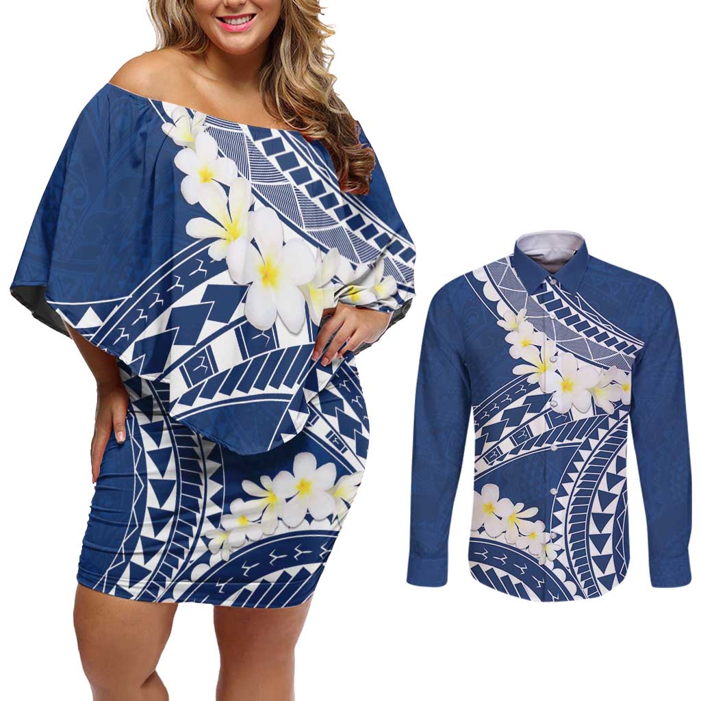 Polynesian Vintage Floral Couples Matching Off Shoulder Short Dress and Long Sleeve Button Shirt Navy Blue Motifs - Polynesian Pride