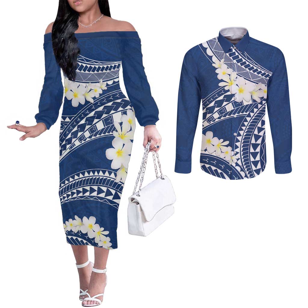 Polynesian Vintage Floral Couples Matching Off The Shoulder Long Sleeve Dress and Long Sleeve Button Shirt Navy Blue Motifs - Polynesian Pride