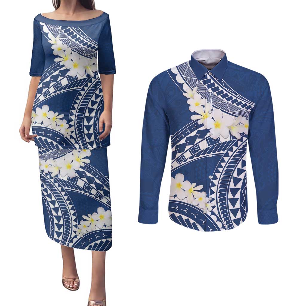 Polynesian Vintage Floral Couples Matching Puletasi and Long Sleeve Button Shirt Navy Blue Motifs - Polynesian Pride