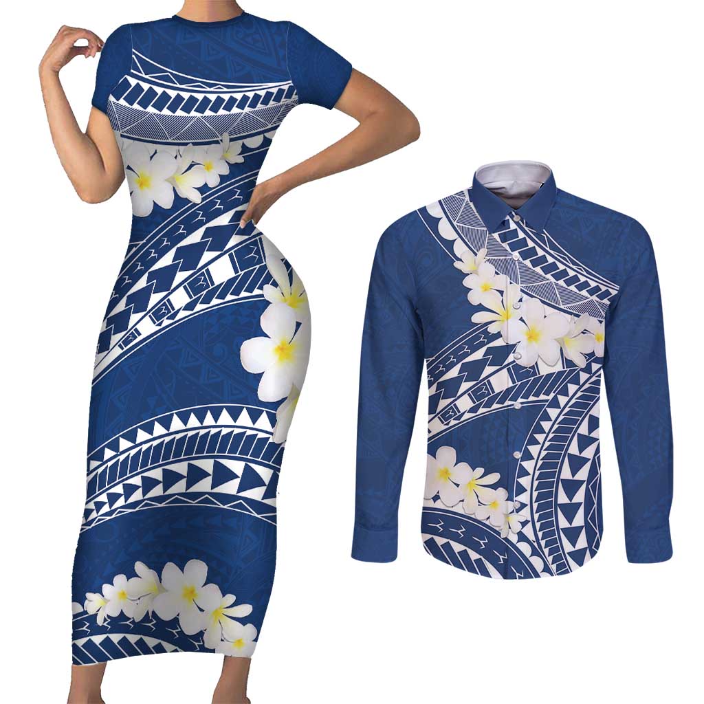 Polynesian Vintage Floral Couples Matching Short Sleeve Bodycon Dress and Long Sleeve Button Shirt Navy Blue Motifs - Polynesian Pride