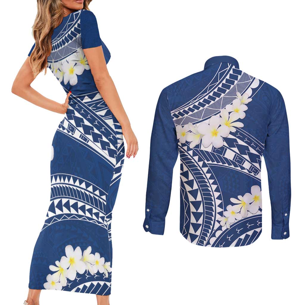 Polynesian Vintage Floral Couples Matching Short Sleeve Bodycon Dress and Long Sleeve Button Shirt Navy Blue Motifs - Polynesian Pride