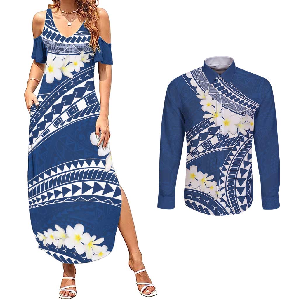 Polynesian Vintage Floral Couples Matching Summer Maxi Dress and Long Sleeve Button Shirt Navy Blue Motifs - Polynesian Pride