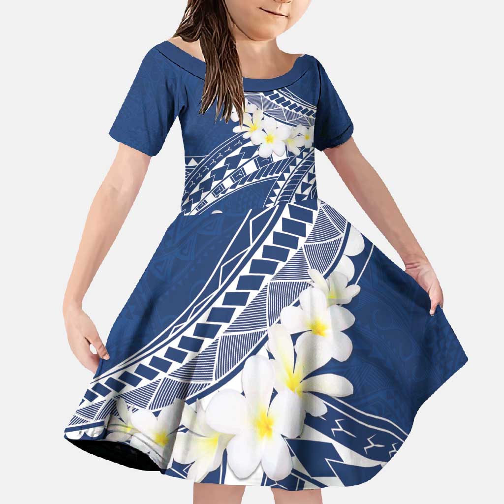 Polynesian Vintage Floral Family Matching Long Sleeve Bodycon Dress and Hawaiian Shirt Navy Blue Motifs LT7 Daughter's Dress Navy Blue - Polynesian Pride
