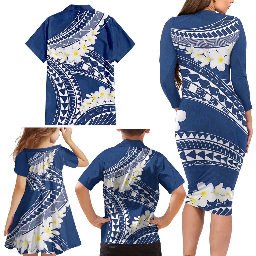 Polynesian Vintage Floral Family Matching Long Sleeve Bodycon Dress and Hawaiian Shirt Navy Blue Motifs LT7 - Polynesian Pride