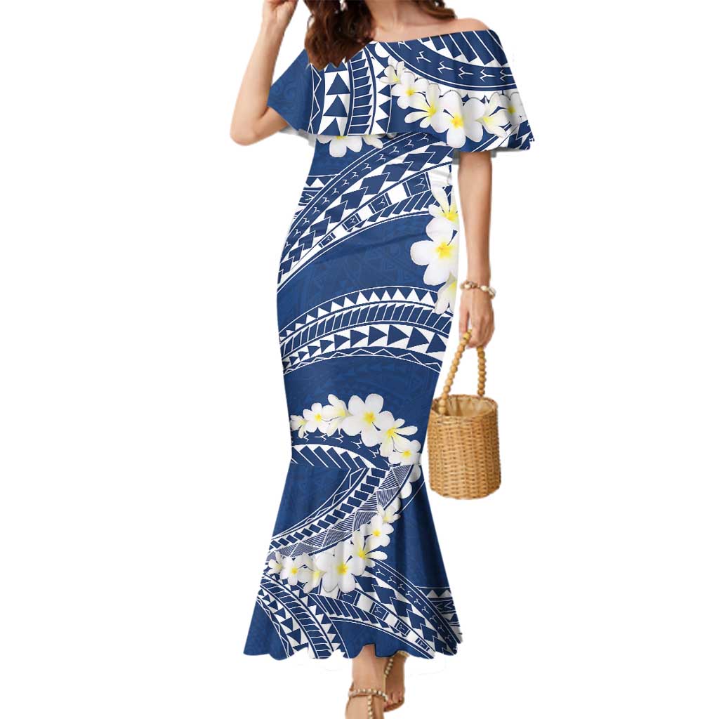 Polynesian Vintage Floral Family Matching Mermaid Dress and Hawaiian Shirt Navy Blue Motifs LT7 Mom's Dress Navy Blue - Polynesian Pride
