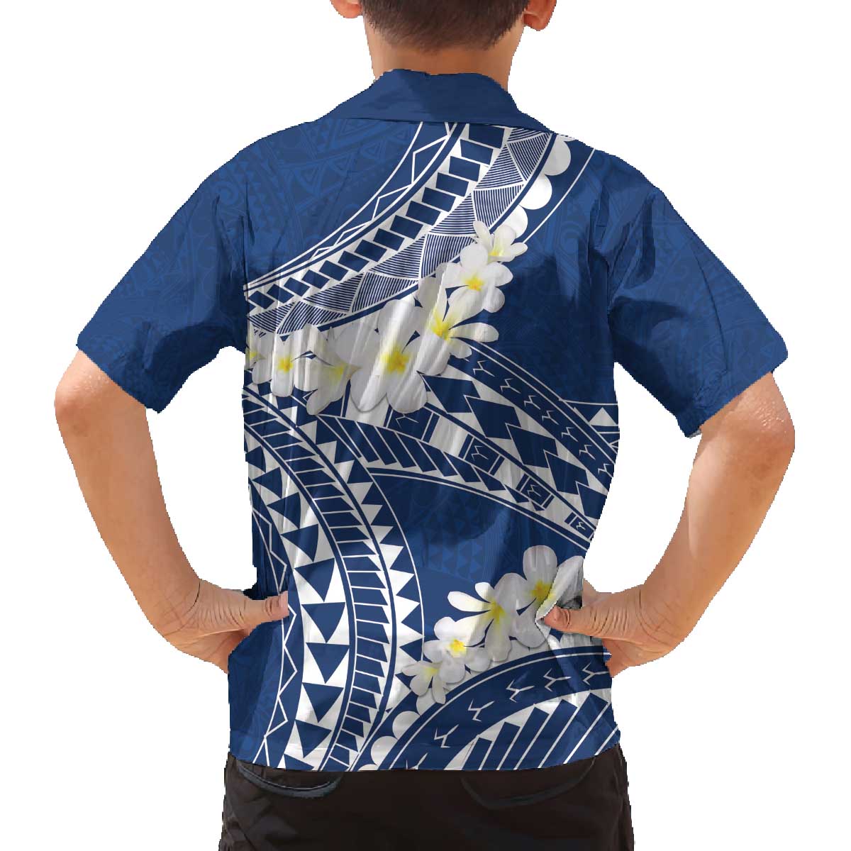Polynesian Vintage Floral Family Matching Off The Shoulder Long Sleeve Dress and Hawaiian Shirt Navy Blue Motifs - Polynesian Pride
