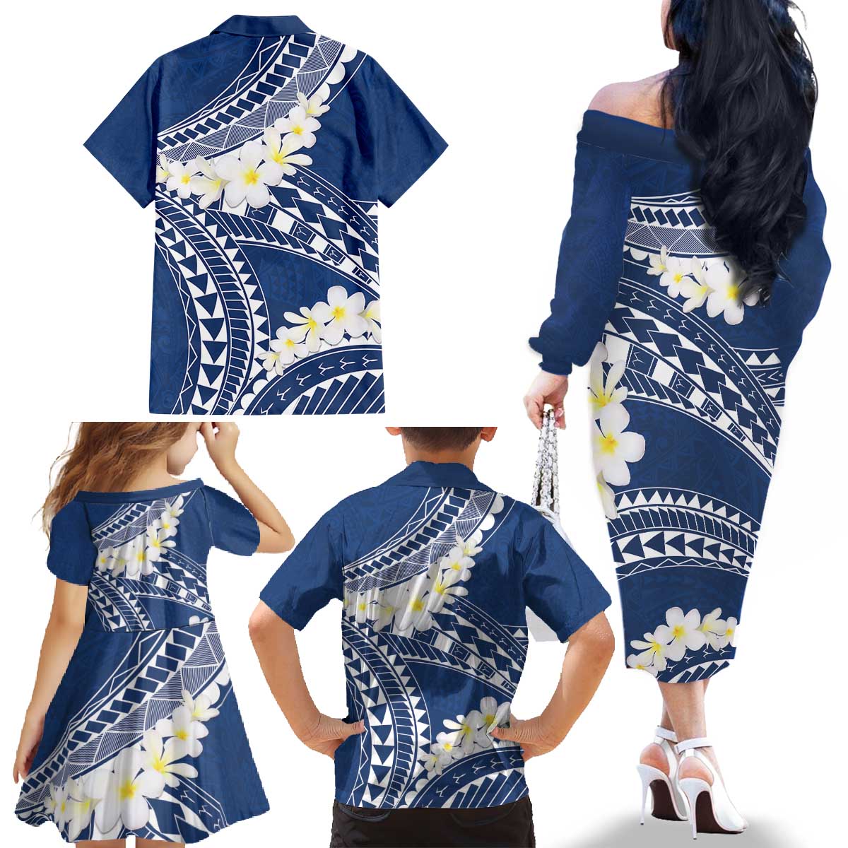 Polynesian Vintage Floral Family Matching Off The Shoulder Long Sleeve Dress and Hawaiian Shirt Navy Blue Motifs - Polynesian Pride