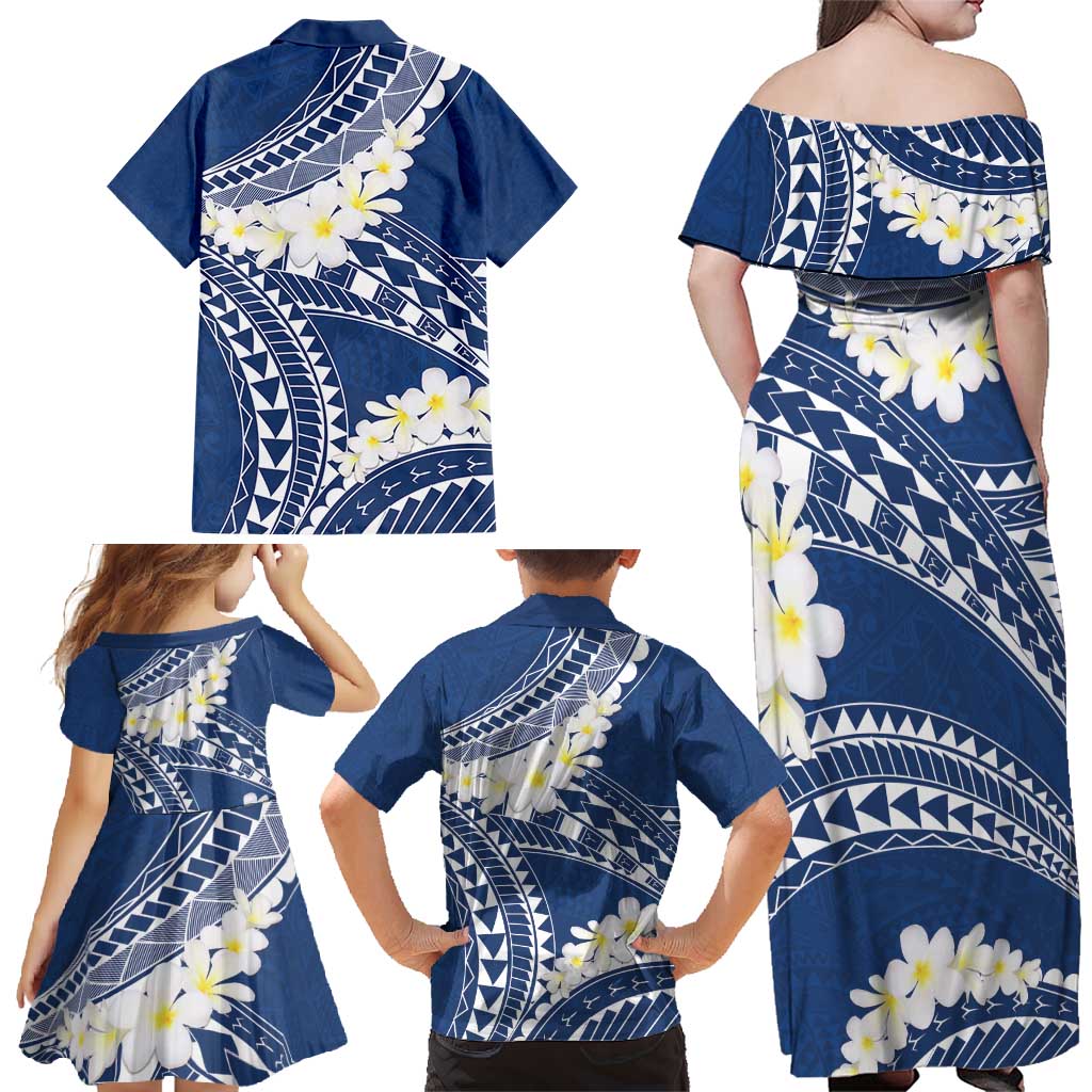 Polynesian Vintage Floral Family Matching Off Shoulder Maxi Dress and Hawaiian Shirt Navy Blue Motifs - Polynesian Pride
