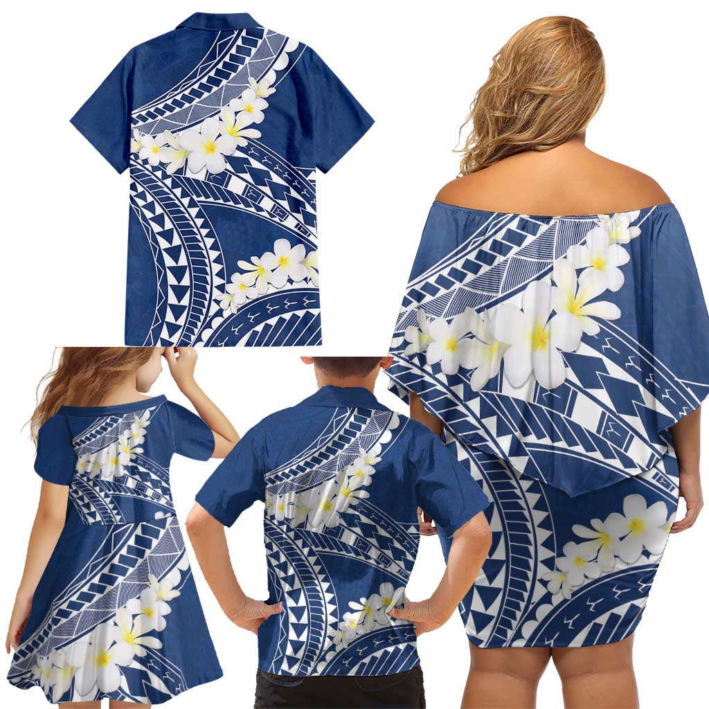 Polynesian Vintage Floral Family Matching Off Shoulder Short Dress and Hawaiian Shirt Navy Blue Motifs - Polynesian Pride