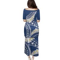 Polynesian Vintage Floral Family Matching Puletasi and Hawaiian Shirt Navy Blue Motifs - Polynesian Pride