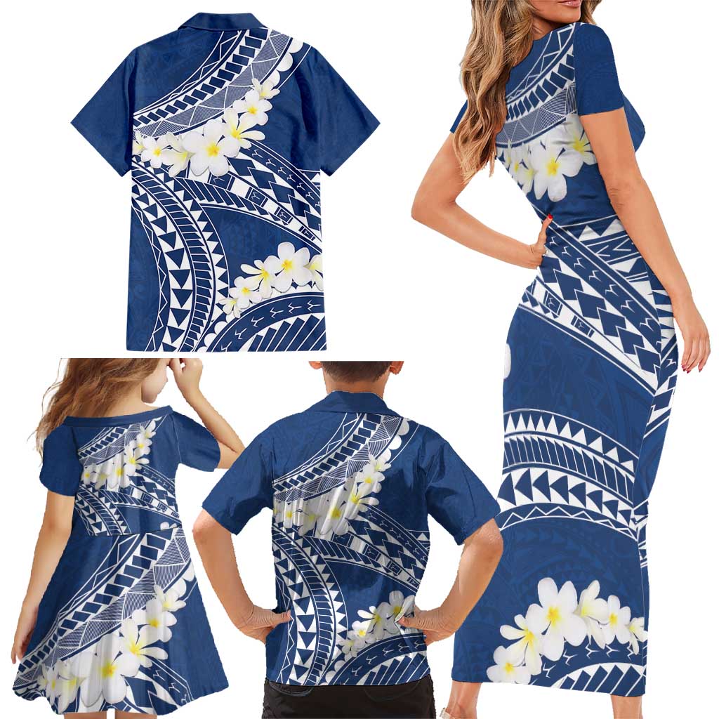Polynesian Vintage Floral Family Matching Short Sleeve Bodycon Dress and Hawaiian Shirt Navy Blue Motifs LT7 - Polynesian Pride